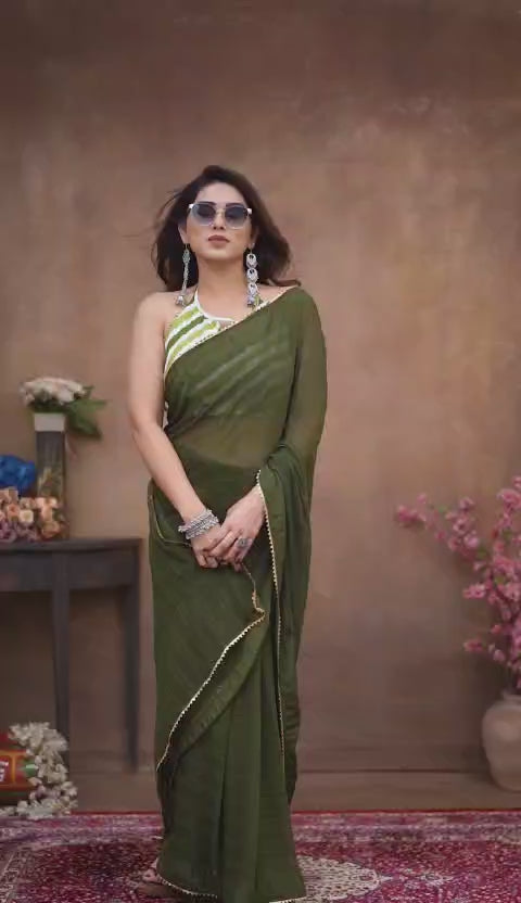 Dark Olive Green Georgette Ready-to-Wear Saree