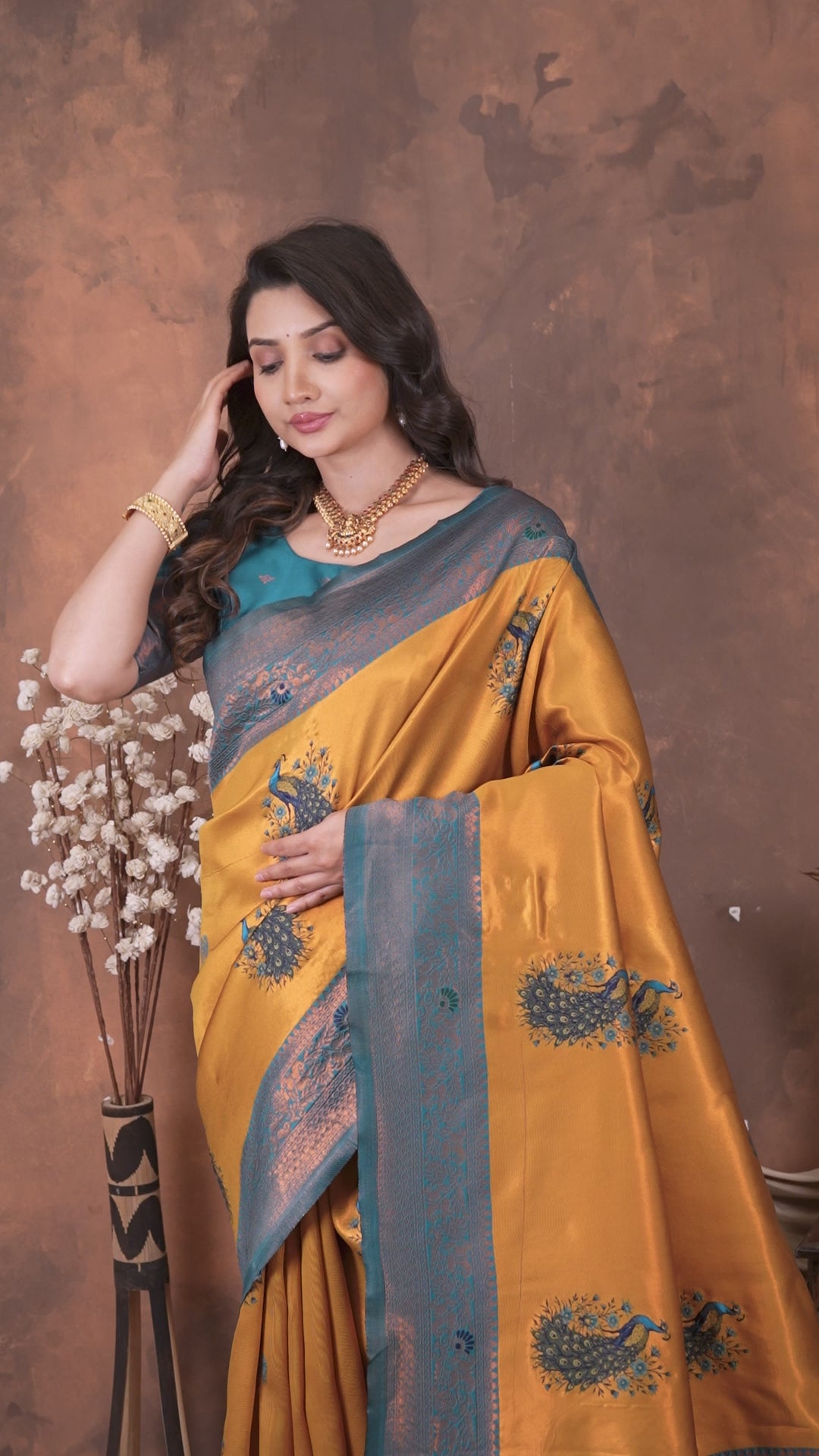 Mustard Gold & Teal Peacock Motif Jacquard Silk Saree
