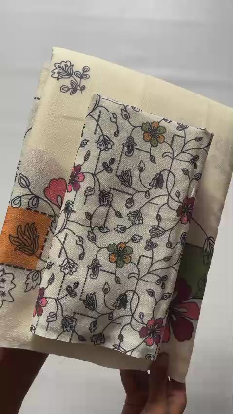 Soft Ivory Linen Saree with Pastel Floral Design