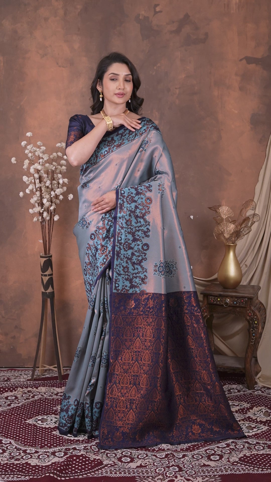 Steel Grey & Navy Blue Jacquard Silk Saree