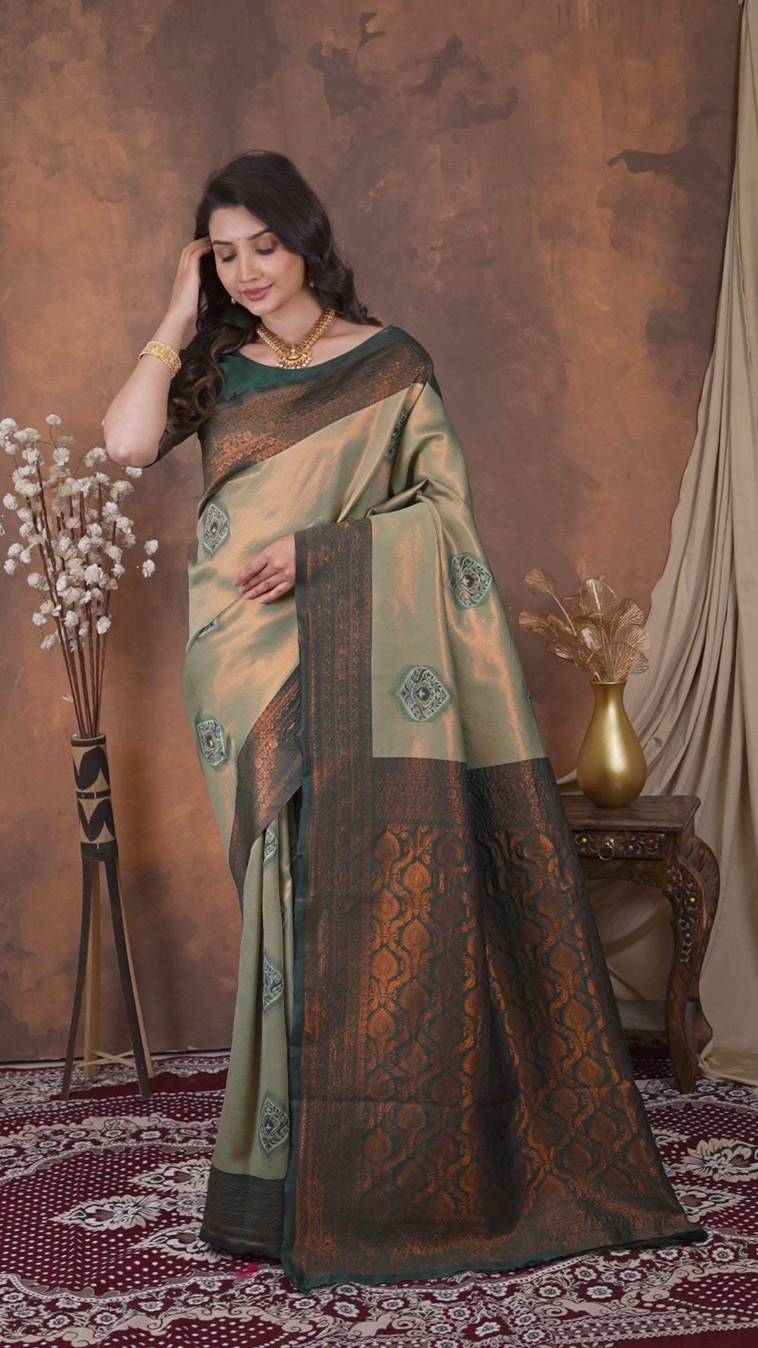 Olive Green & Deep Forest Jacquard Silk Saree with Antique Zari Pallu