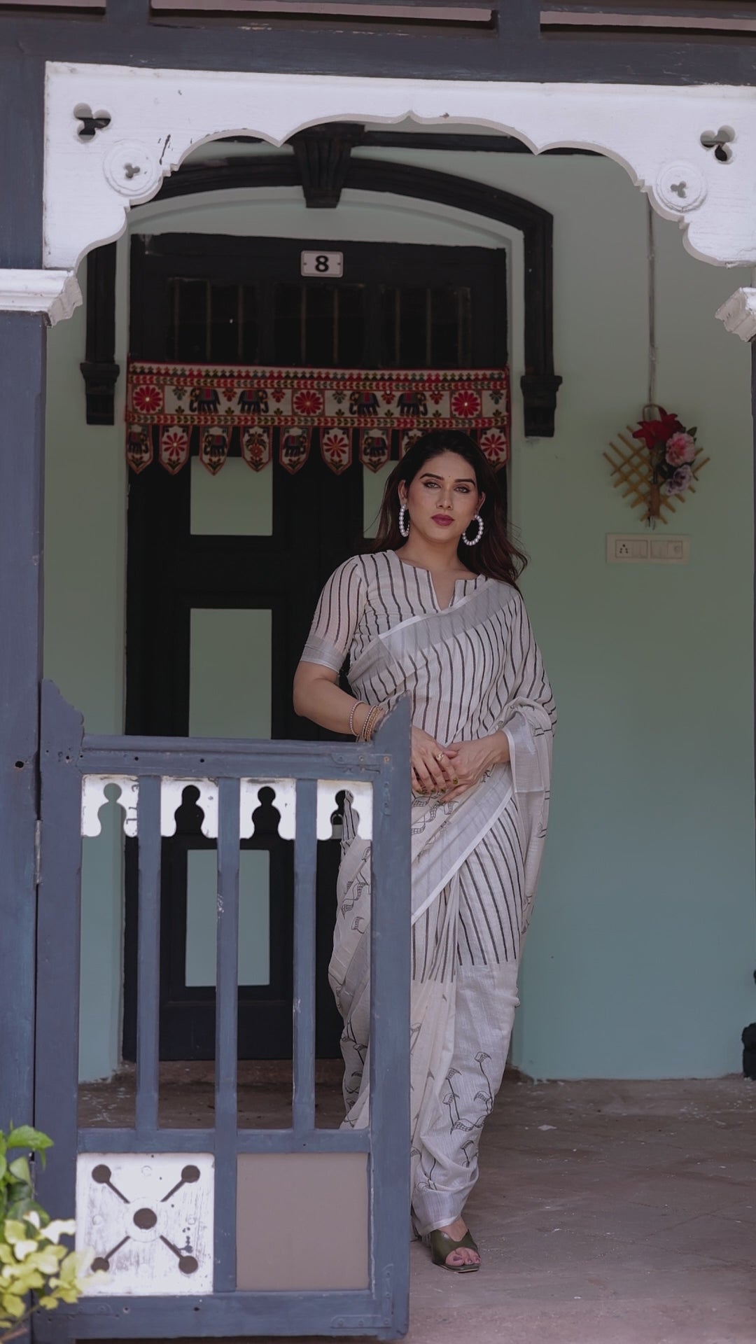 Classic Ivory & Grey Stripe Linen Cotton Saree