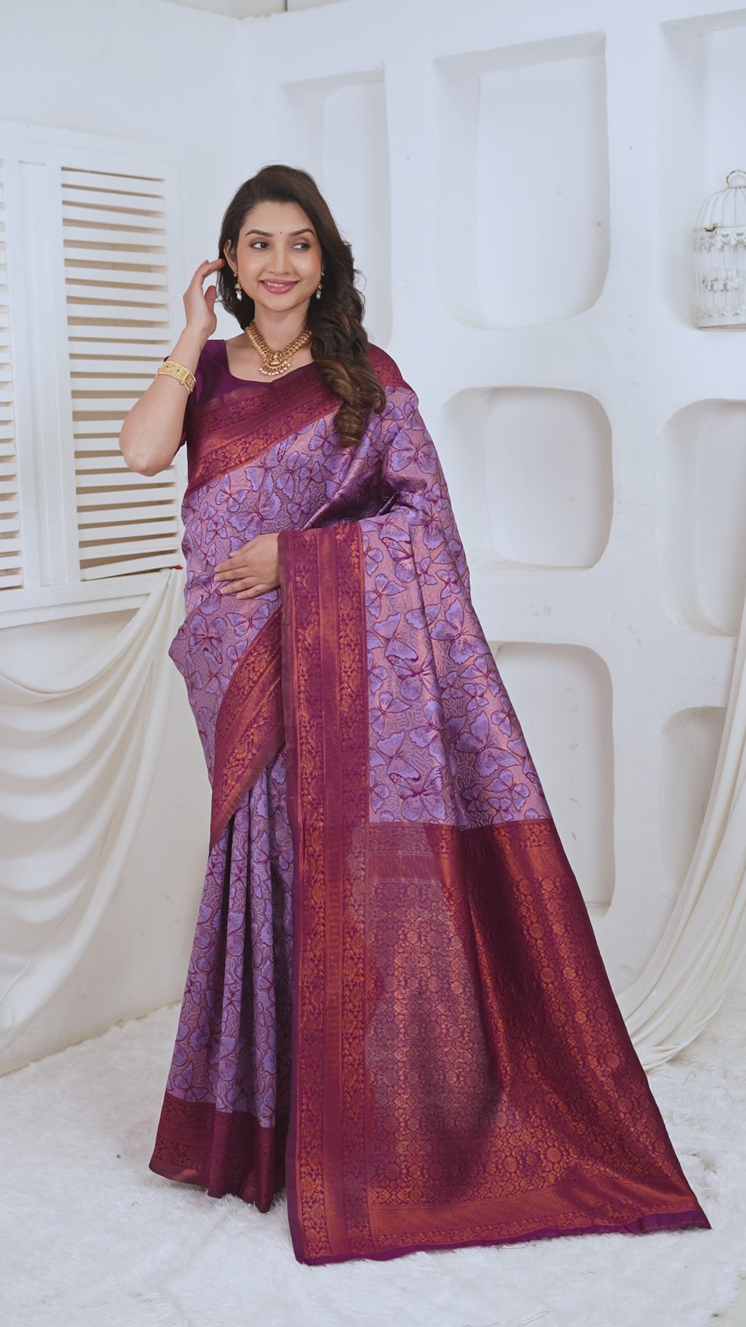 Lavender Plum Jacquard Butterfly motif Silk Saree