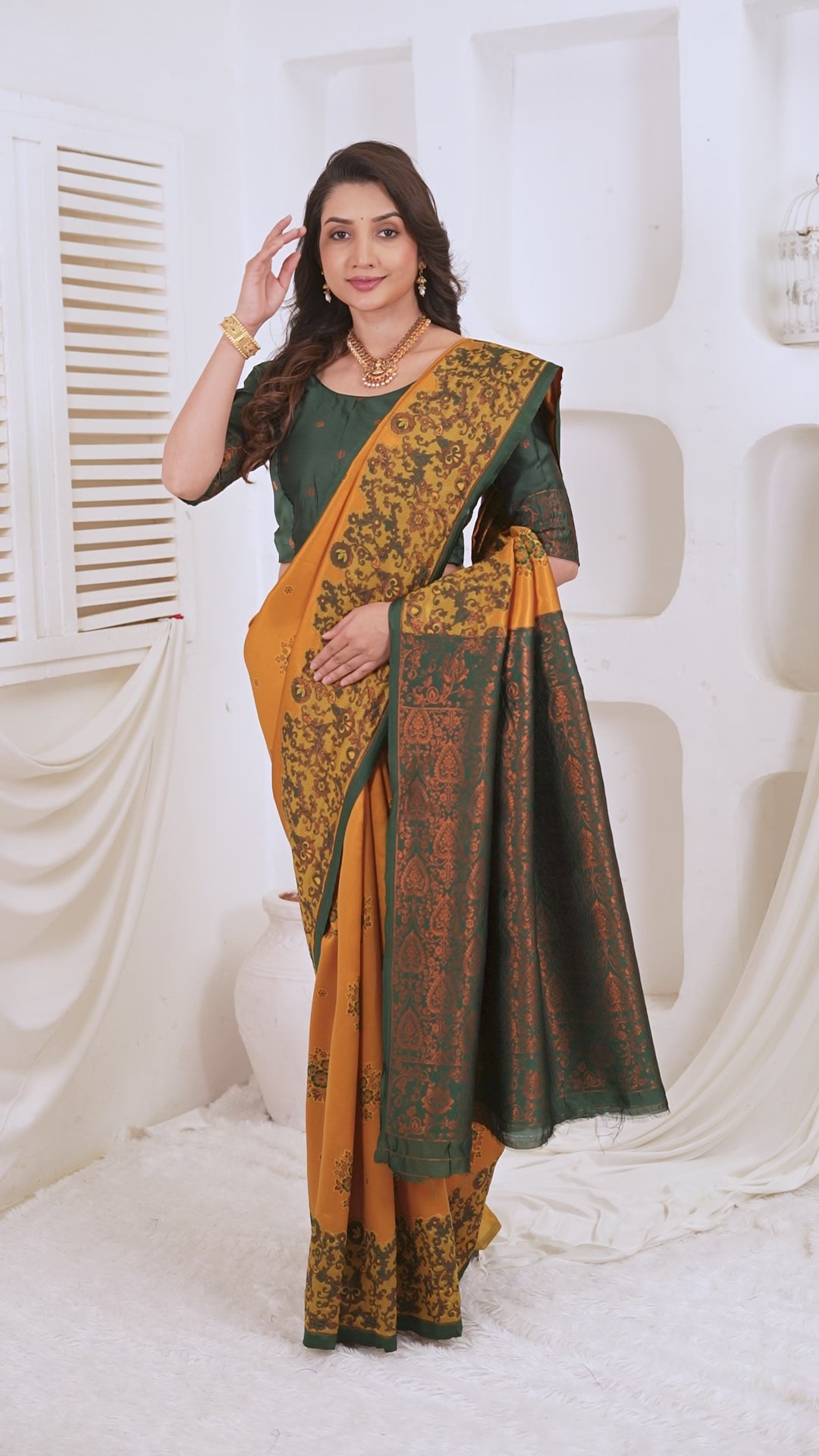 Mustard Gold & Bottle Green Jacquard Silk Saree