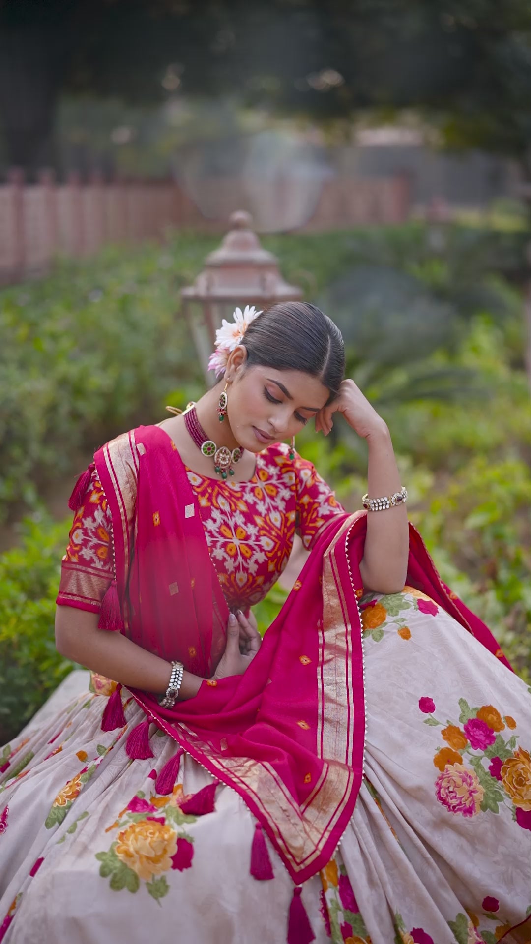 Women's Red & White Tusser Silk Lehenga Choli with Floral Print, Foil Work & Gotta Patti Dupatta | Designer Festive & Wedding Wear