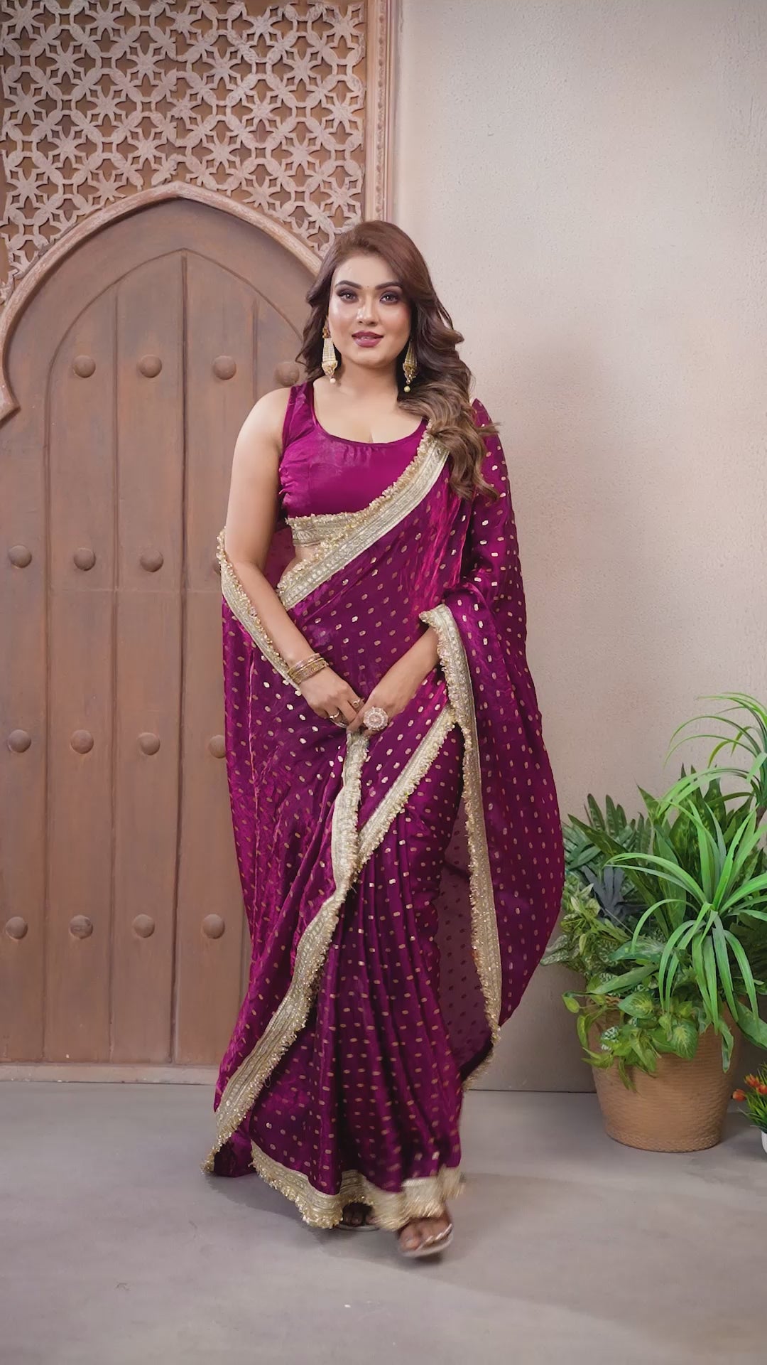 Silk Satin (Fendi) Saree with Foil Butti Work and Designer Lace Border