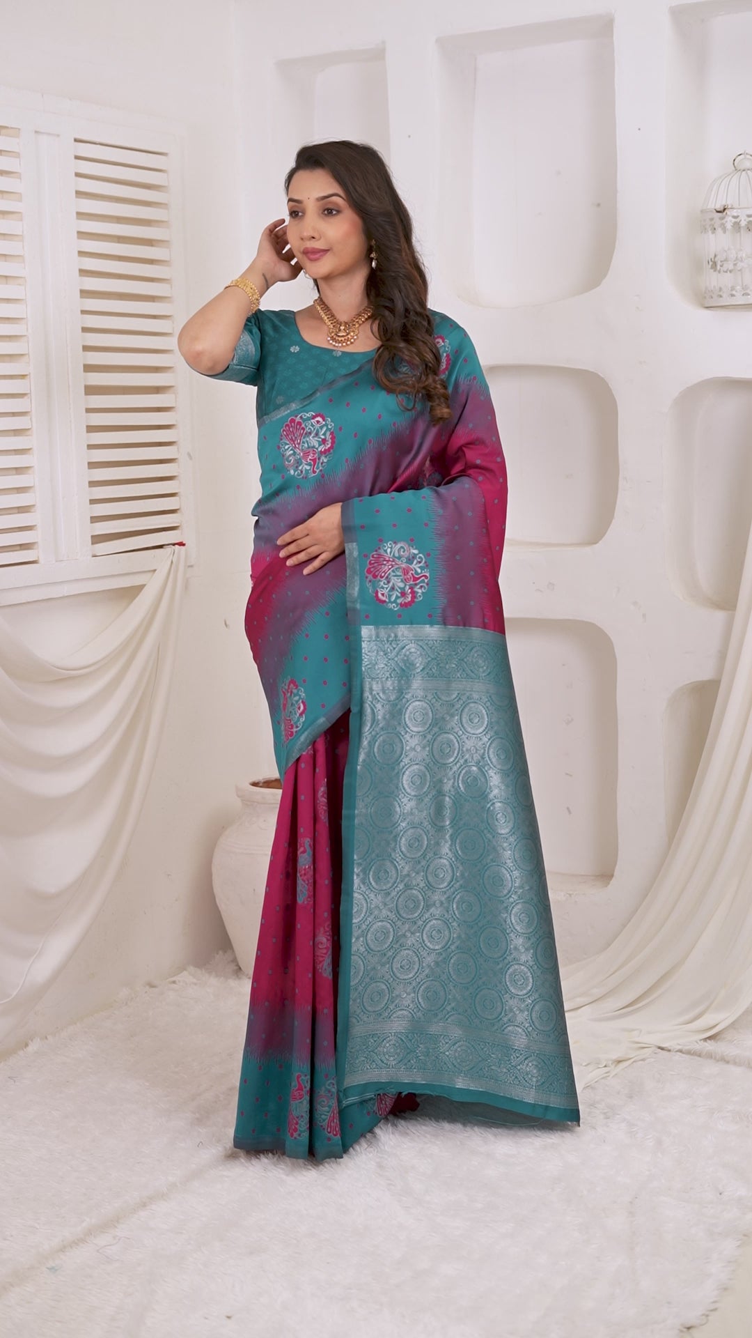 Teal Green & Wine Jacquard Silk Saree