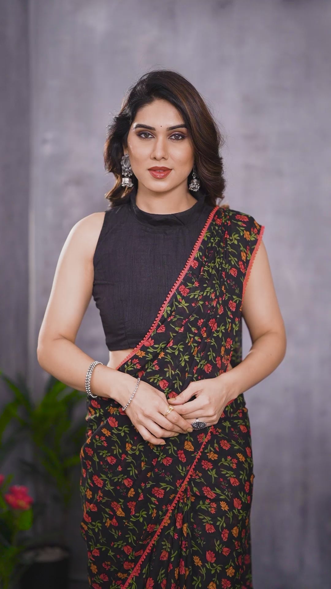 Black Ready to Wear Floral Saree