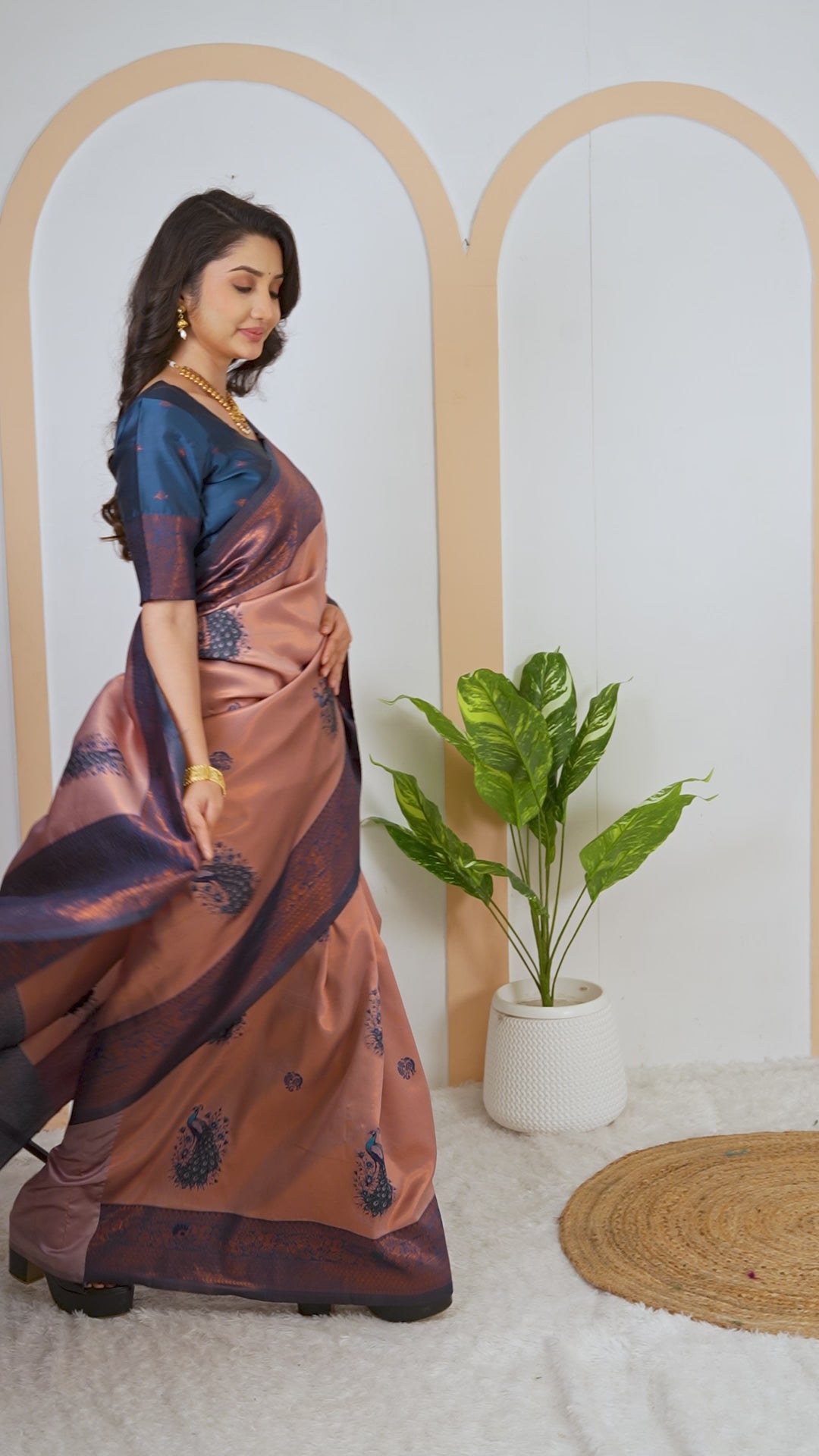 Peach Rose & Teal Blue Peacock Motif Jacquard Silk Saree