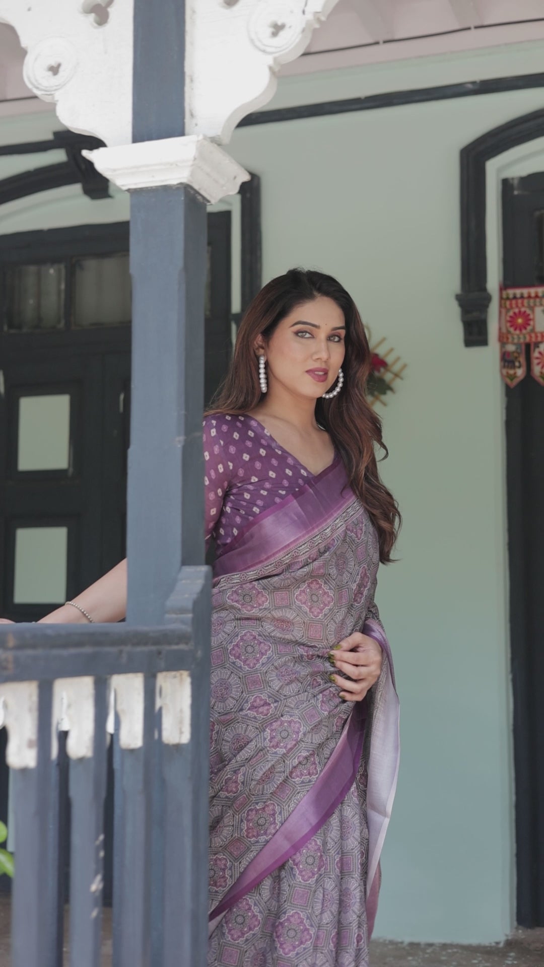 Royal Lavender Printed Linen Saree with Rich Border