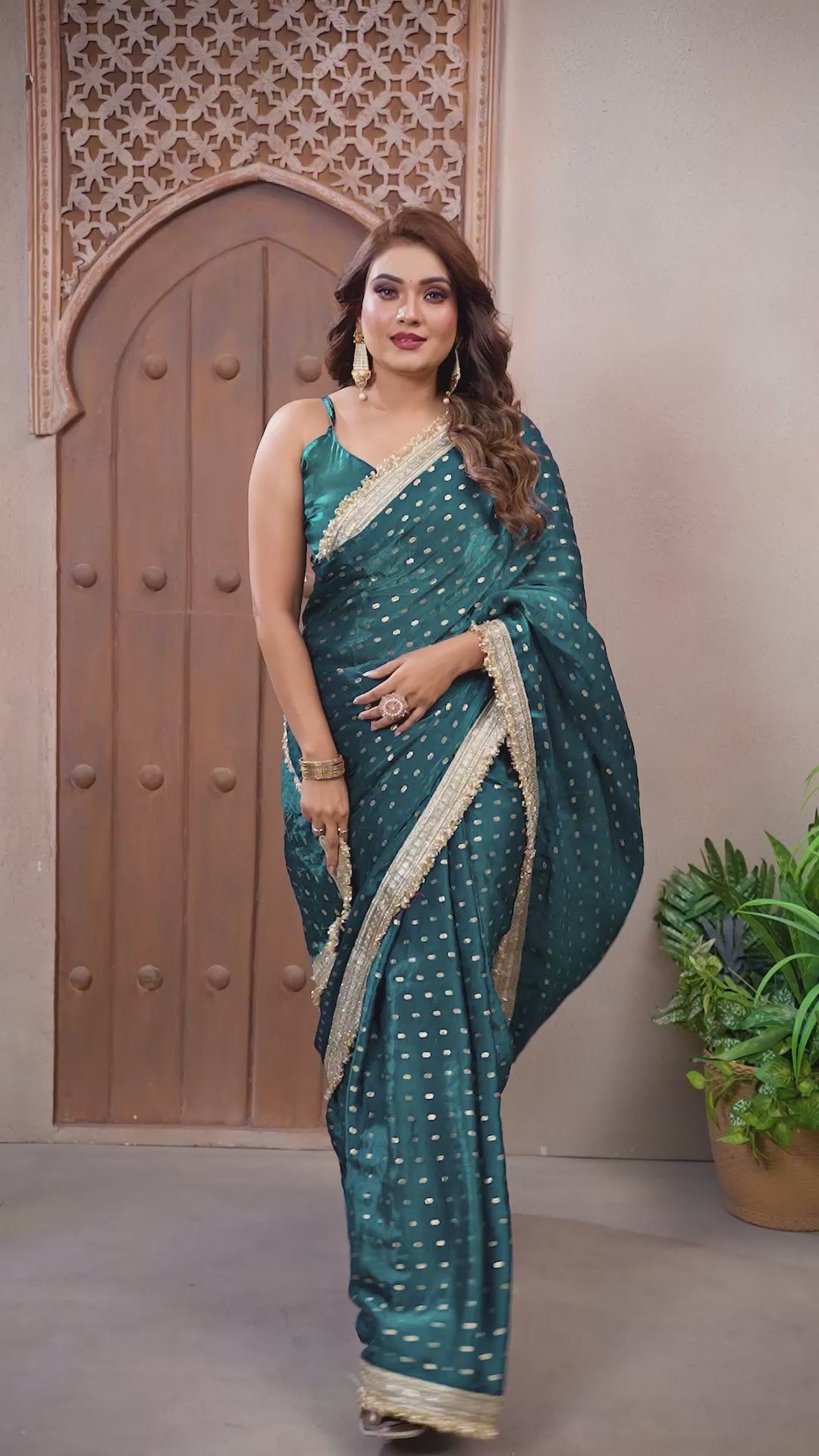 Silk Satin (Fendi) Saree with Foil Butti Work and Designer Lace Border