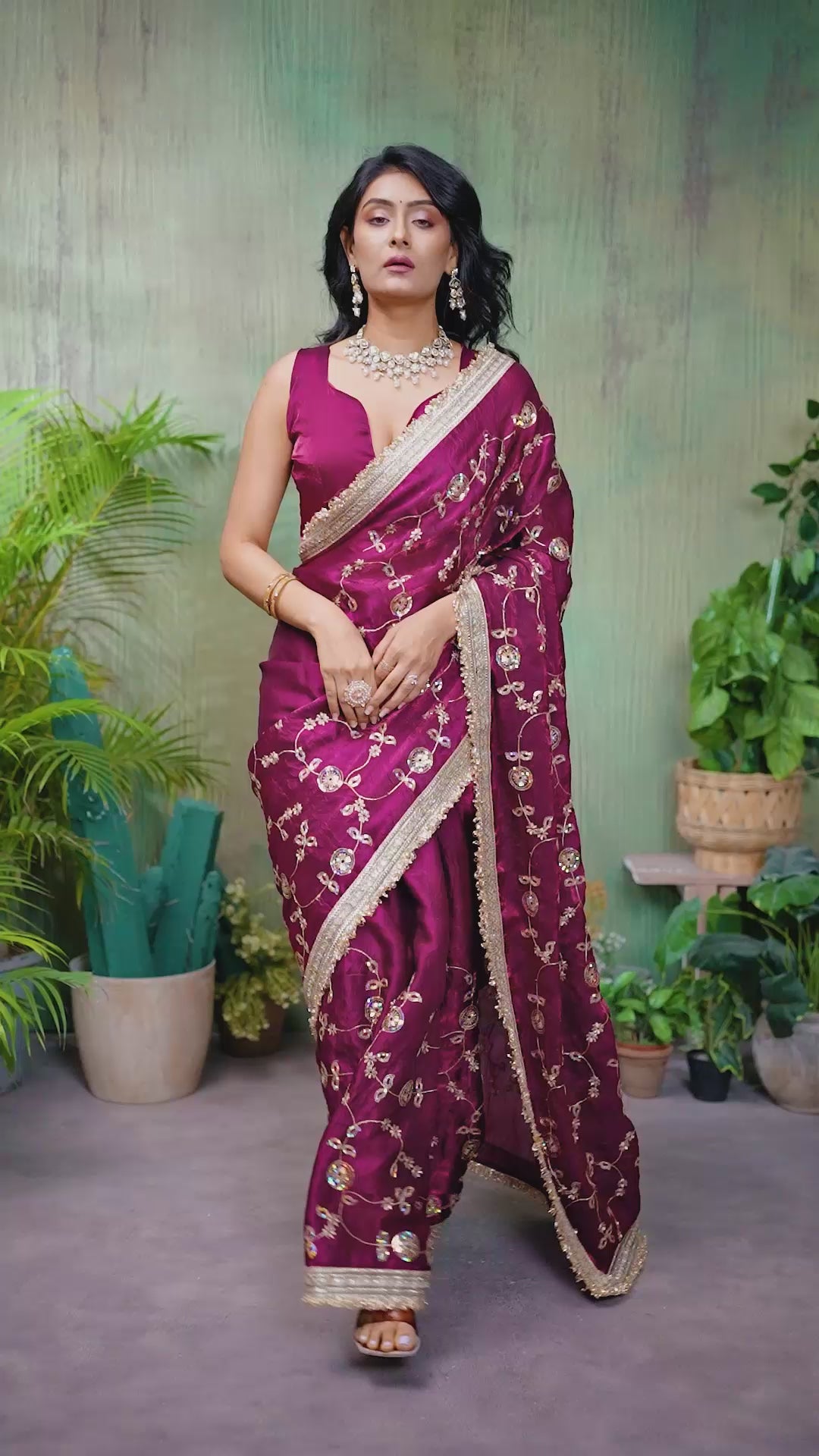 Silk Satin (Fendi) Saree with Intricate Embroidery and Designer Lace Border