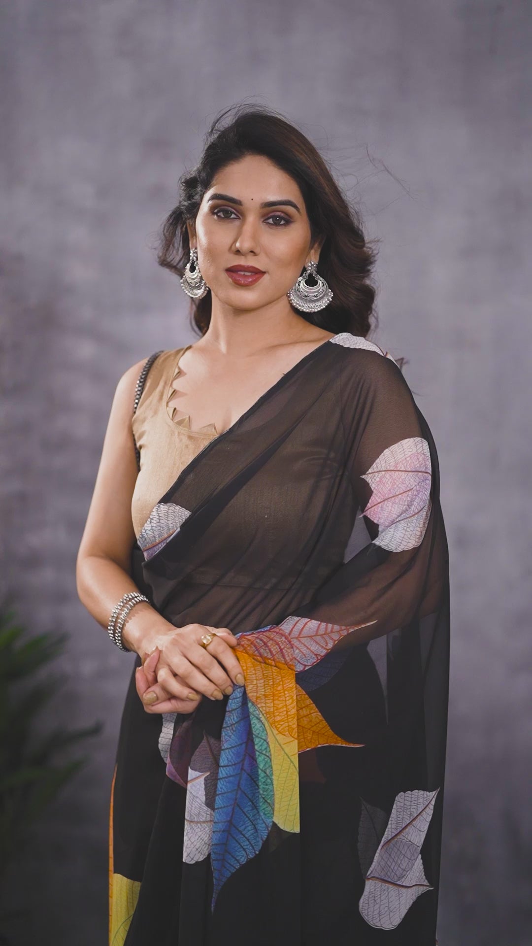 Black Georgette Silk Ready-to-Wear Saree with Multicolour
