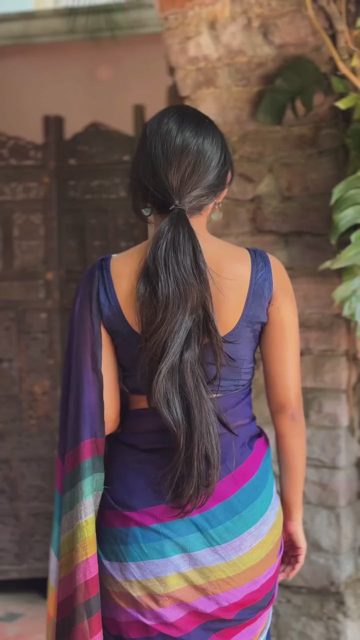 Stylish Black Linen Cotton Saree with Multicolor Stripe Border