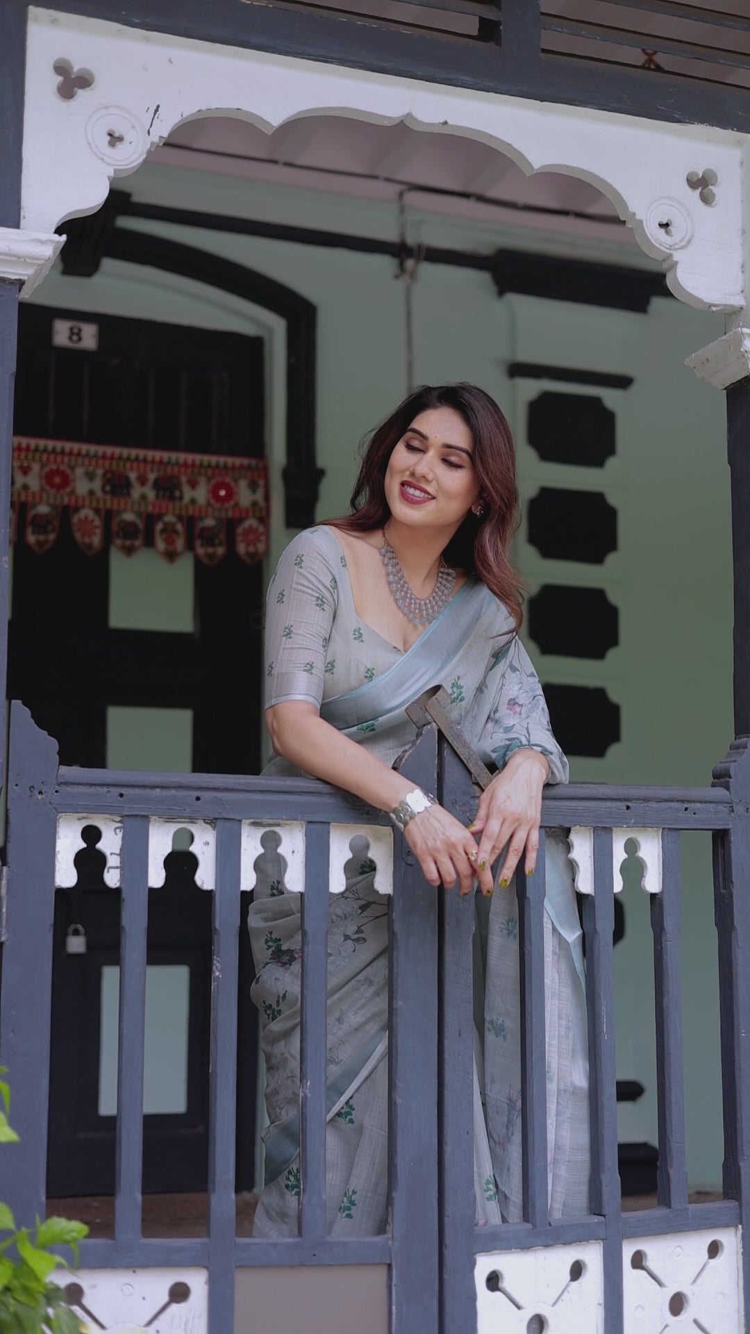 Mint Whisper Floral Linen Saree