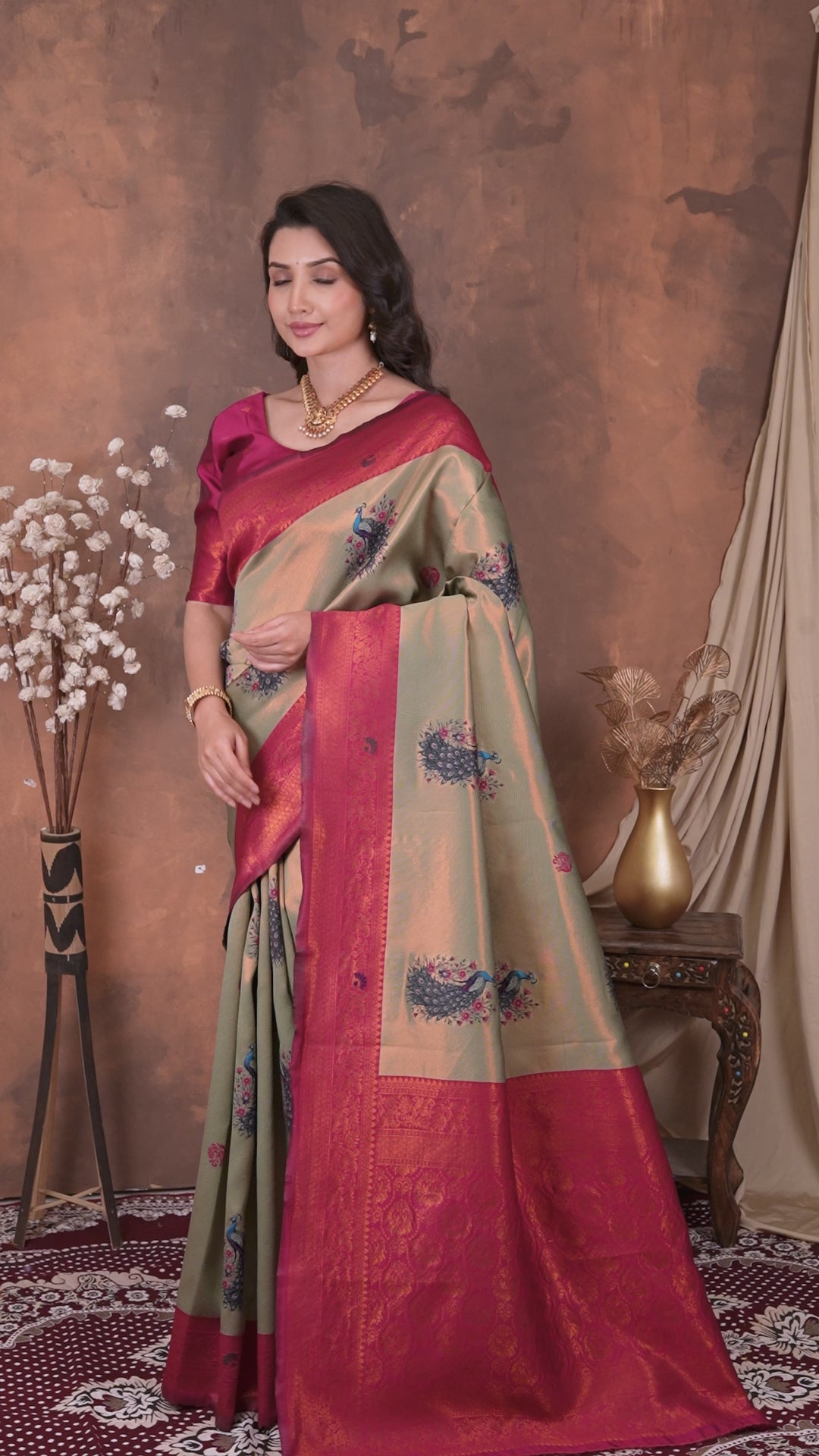 Olive Green & Ruby Red Peacock Motif Jacquard Silk Saree