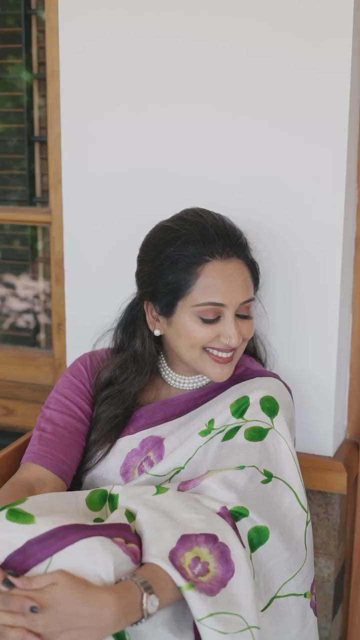 Lavender Bloom Linen Cotton Saree with Floral Vine Design