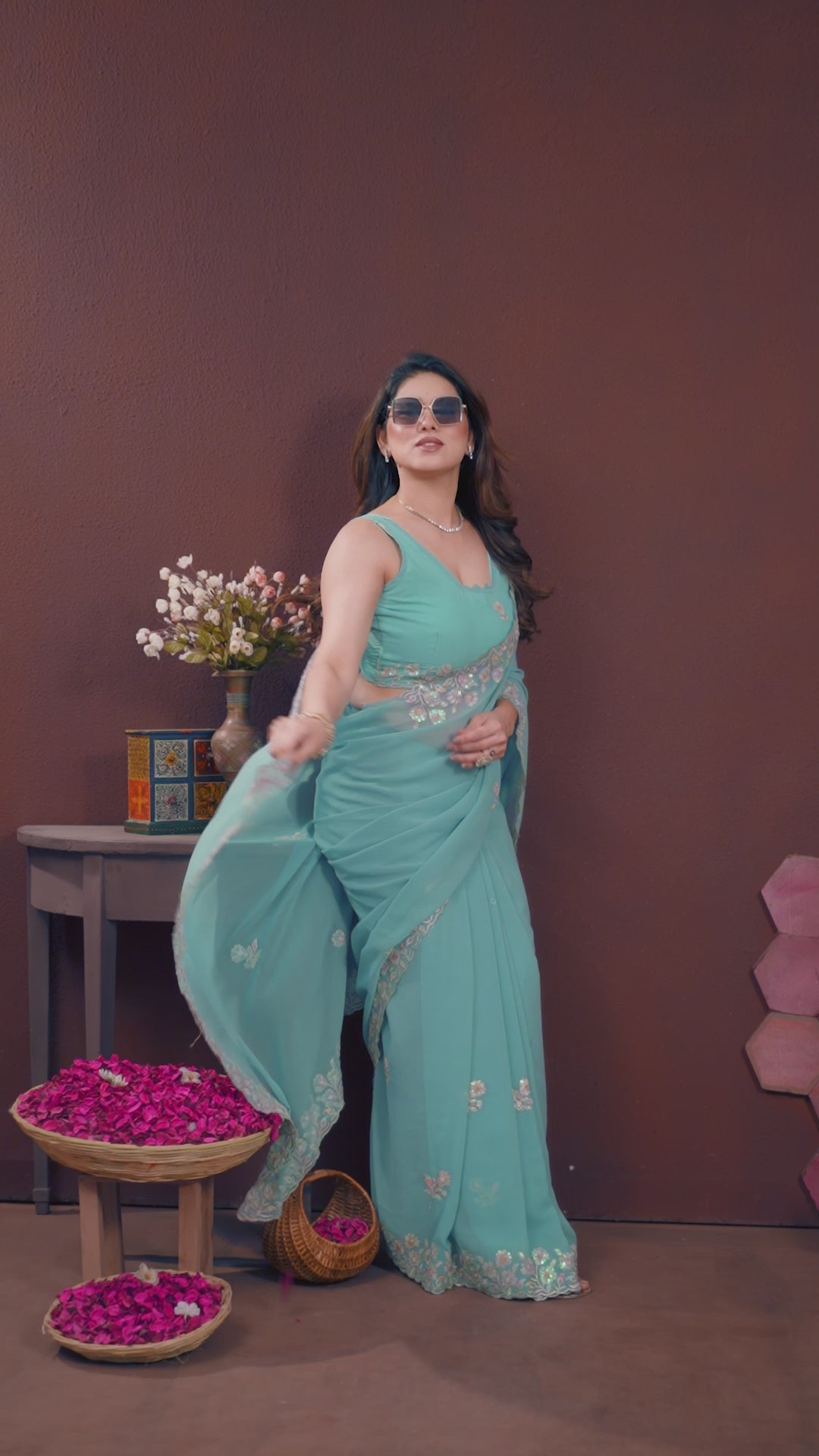 Georgette Silk Saree with Floral Embroidery Work