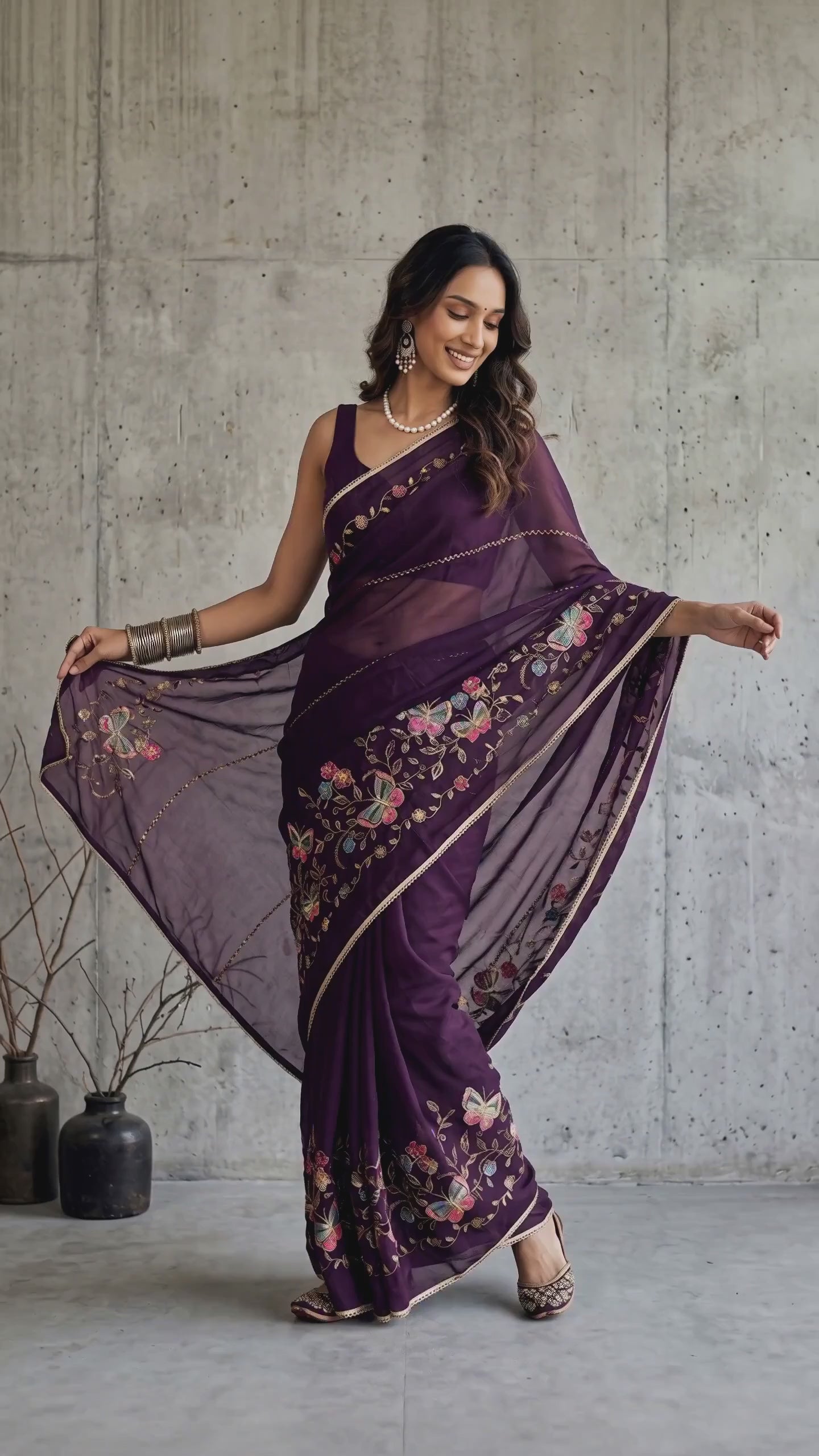 Star Georgette Saree with Floral Embroidery and Design