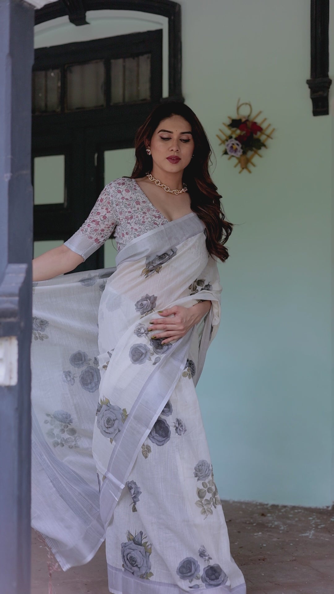 Elegant Mist Grey Floral Linen Cotton Saree