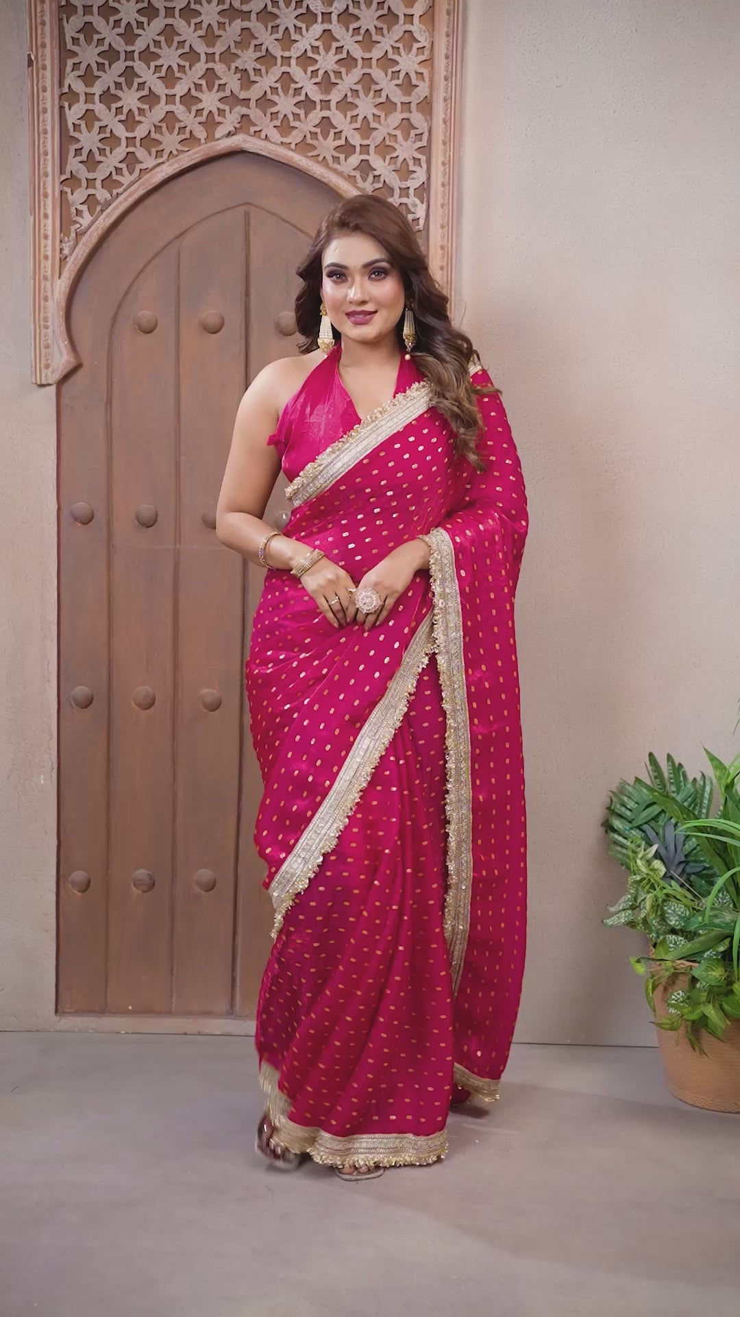 Silk Satin (Fendi) Saree with Foil Butti Work and Designer Lace Border