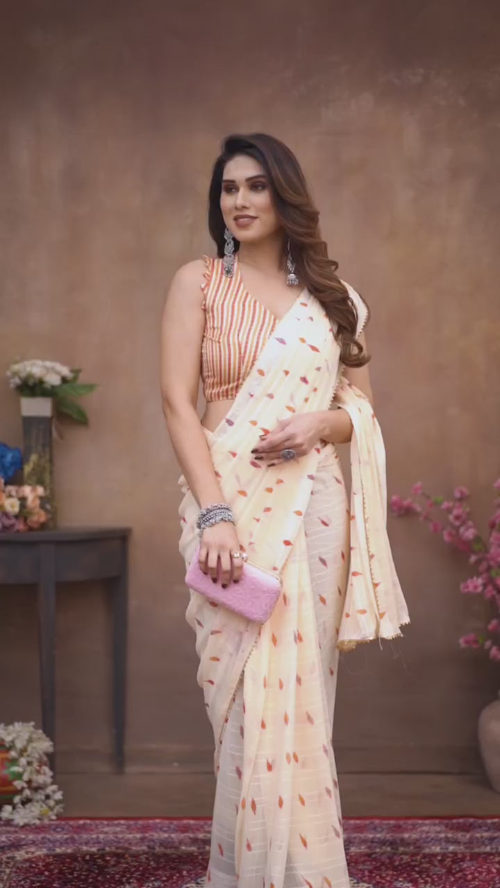 Cream Georgette Ready-to-Wear Saree
