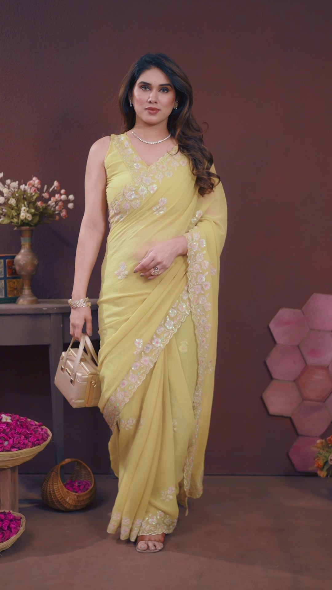 Georgette Silk Saree with Floral Embroidery Work