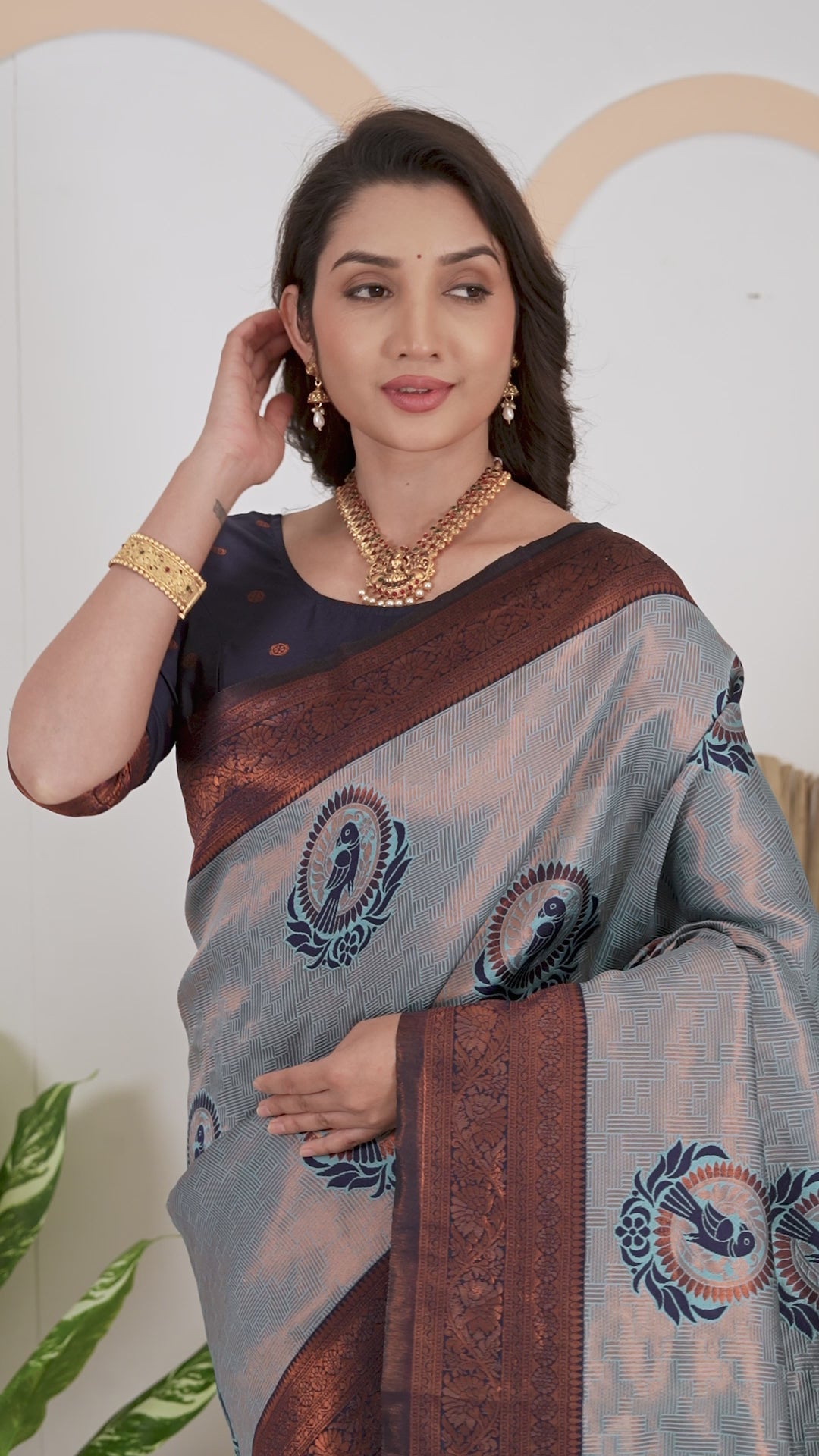 Steel Grey parrot motif Jacquard Silk Saree