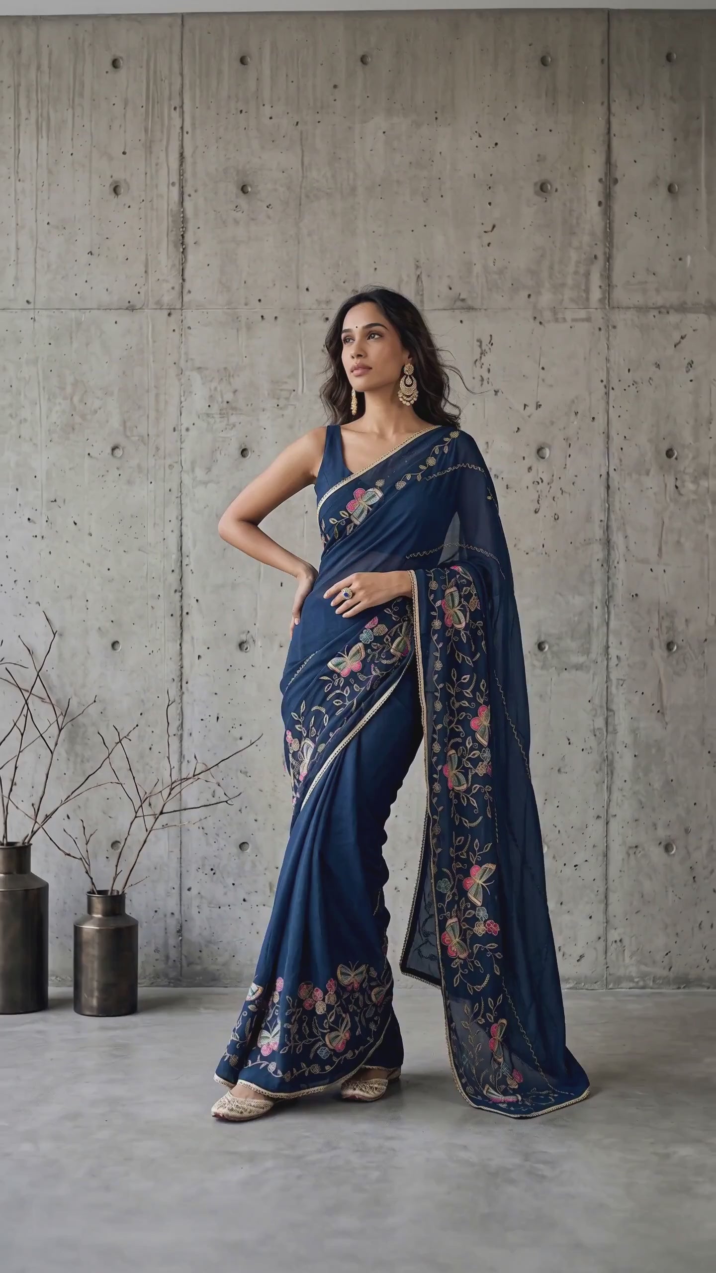Star Georgette Saree with Floral Embroidery and Design