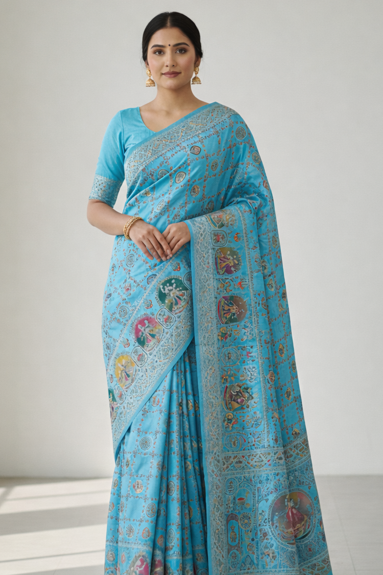 Woman wearing a light blue saree with intricate patterns on a plain background